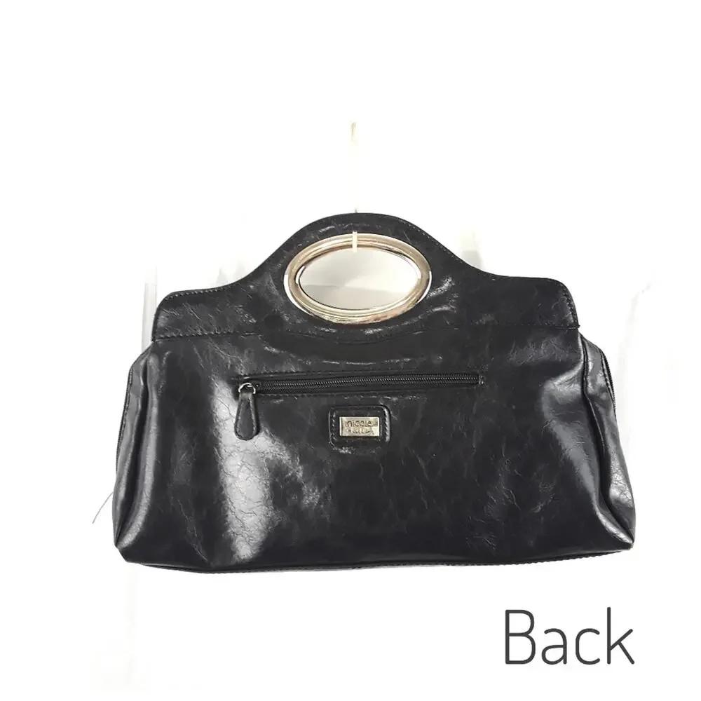 NICOLE MILLER Black Faux Leather Clutch Purse w/ Flowers Embellished Vegan Y2K